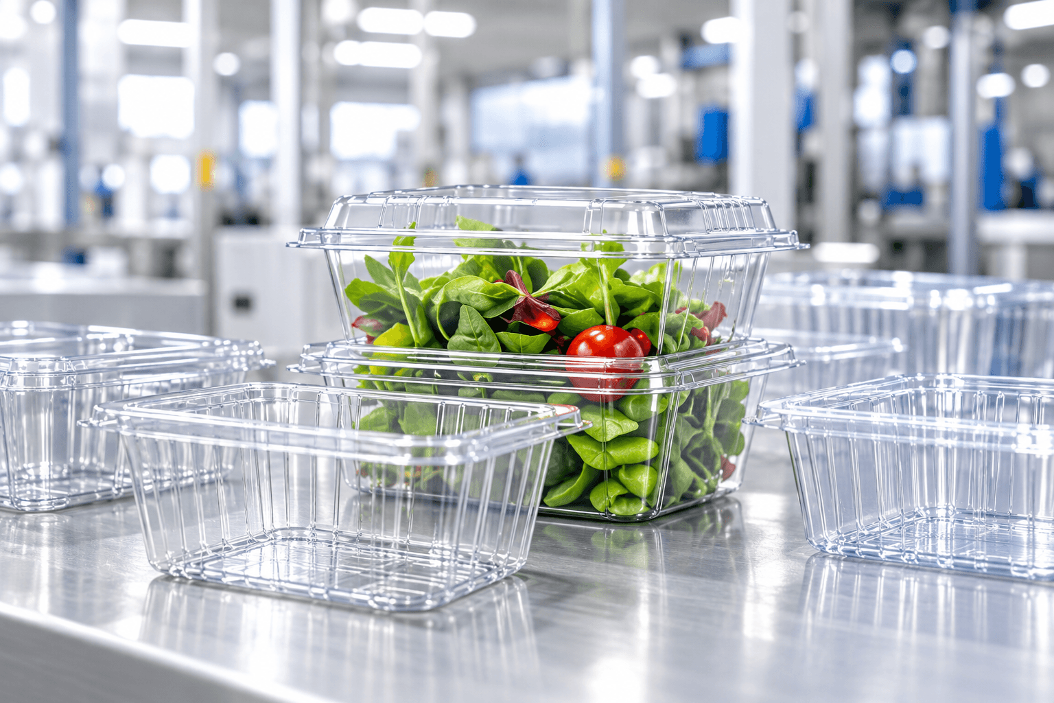 Clear thermoformed food packaging trays in production