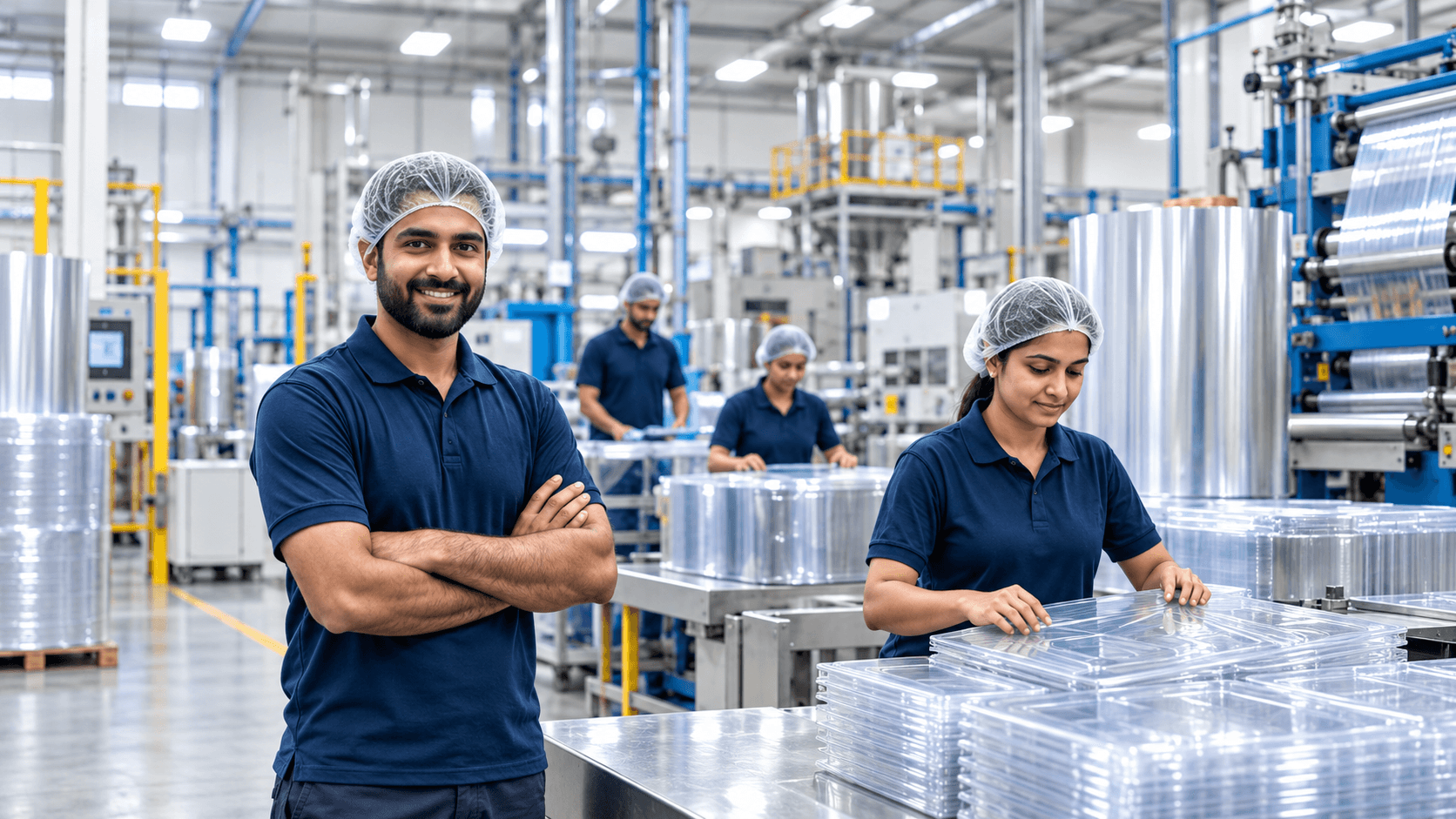 Blue Wave team processing plastic materials in a production facility